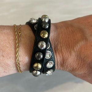 Mix metal and crystal black leather bracelet, 15”